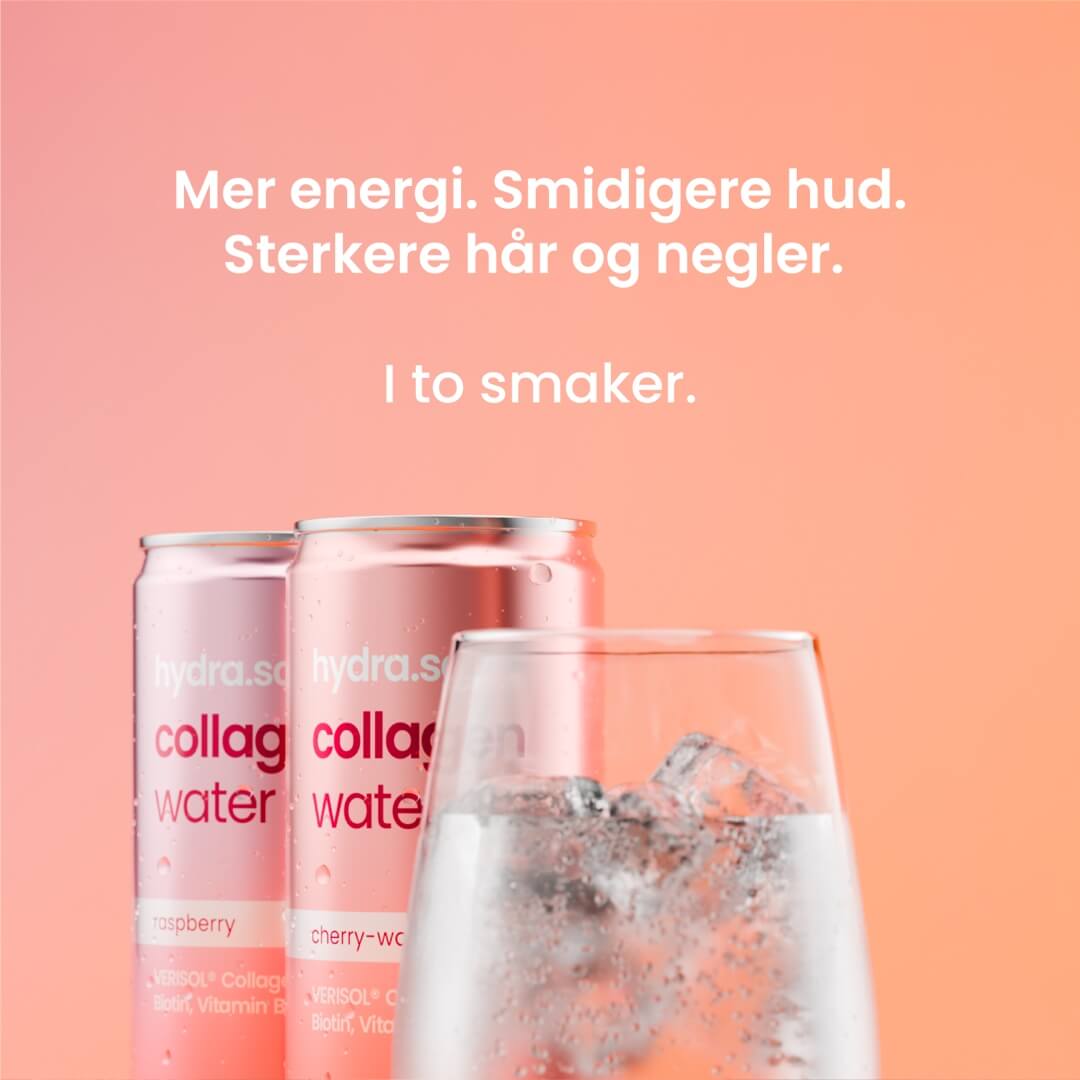 Hydra.sci kollagenvann gir mer energi, sterkere hår og smidig hud – tilgjengelig i bringebær og kirsebær/vannmelon. Med 5g VERISOL® kollagen og vitaminer.